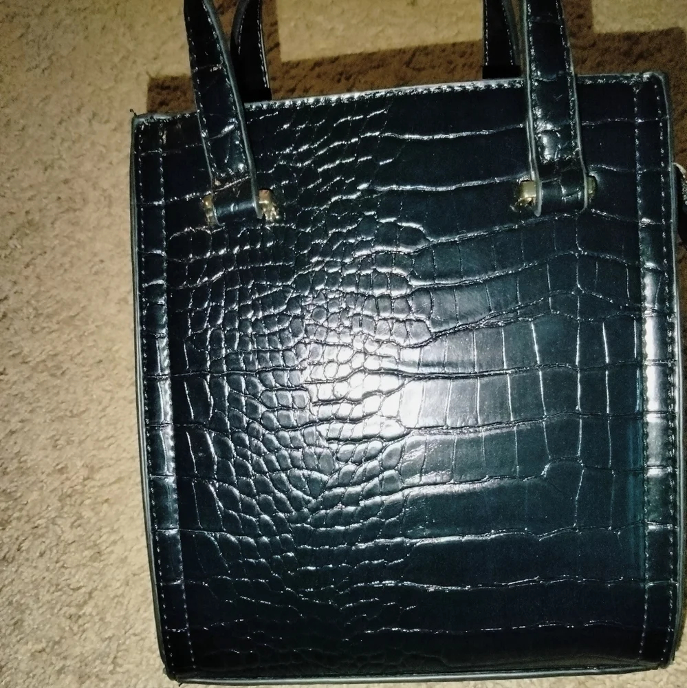 Black Croc Embossed Print Faux Leather Top Handle Square Shoulder/Tote